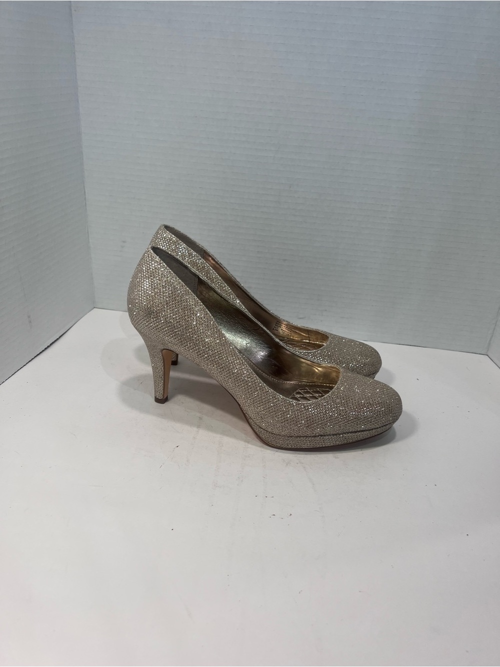 Alfani Glitter Round-Toe High Heels in Champagne Gold